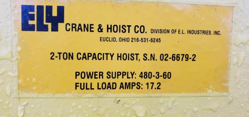 Used Ely Crane/Hoist, 2 Ton Capacity. Power Supply:480-3-60 - Image 10