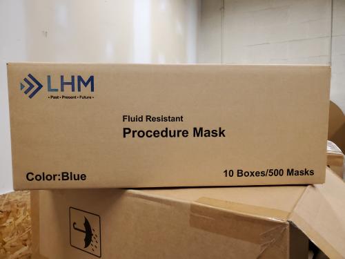 48 boxes of LHM Fluid Resistant Procedure Masks. Each box contains 10 boxes/500 Masks