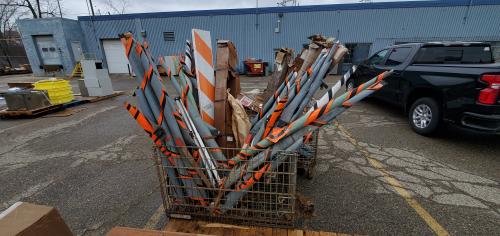 Lot of Used Road Construction Flags/Frames, be prepared to stop, left lane reduced, right lane reduced, yield to oncoming traffic, work zone begins, etc. Wire bin not included 