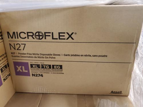 24 Boxes of Microflex N27 Powder Free Disposable Gloves, XL, each box contains 10 boxes of 100 gloves. 