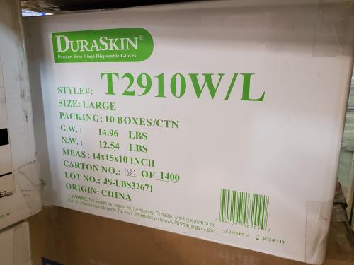 10 Boxes of DuraSkin Large Powder Free Vinyl Disposable Gloves. Each box contains 10 boxes of 100 gloves.