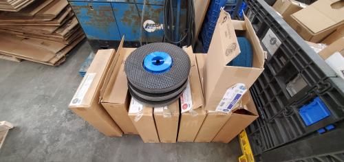 Lot of Seven Boxes of New 20" Floor Maintenance Pads(each box contains 3-5 pads), Five 13" Pads, and 4 New Pad Collars. 