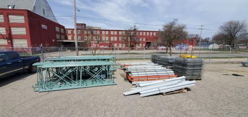 Used 12' Pallet Racking, 33 Uprights(12'), 150 Shelf Bars(8'6"), 120 Shelf Grates(44").-metal frames not included-