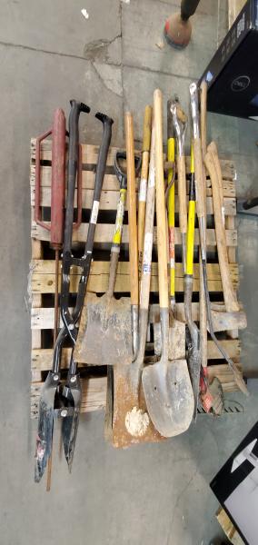 Lot of Used Shovels, axes, rakes, post hole digger, sod lifter, ground rod driver