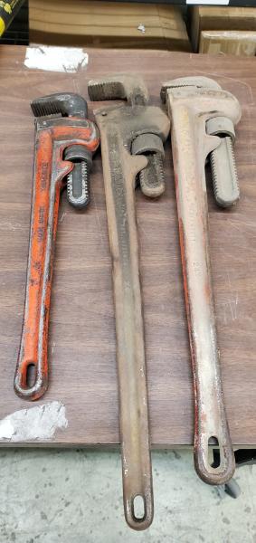 Lot of 3 Used Pipe Wrenches, 24" and 18".